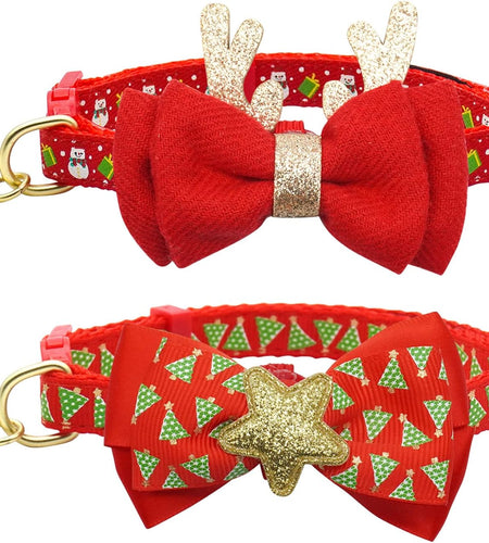 2Pack Halloween/Christmas Cat Collar with Bell Quick Release Safe Buckle Festival Breakaway Cat Collars with Bowtie Size Adjustable from 8" - 12"