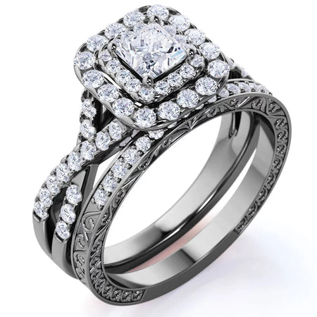 Square Diamond - Double Halo - Twisted Band - Vintage Inspired - Pave - Wedding Ring Set in 10K Rose Gold