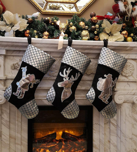 18'' Luxury Gold Christmas Stockings Shiny Bag for Kids, Family, Set of 3,Santa, Snowman, Reindeer